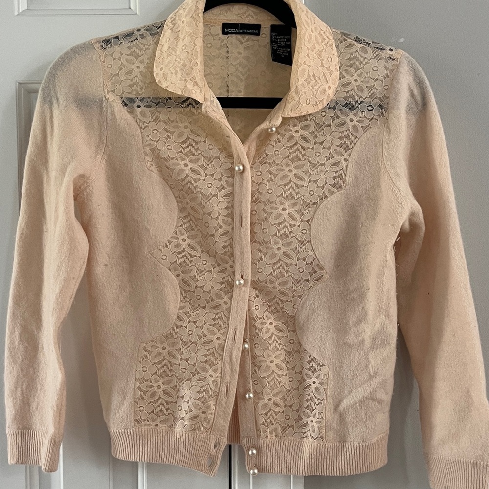 Moda International Cream Lace Pearl-Button Sweater Cardigan